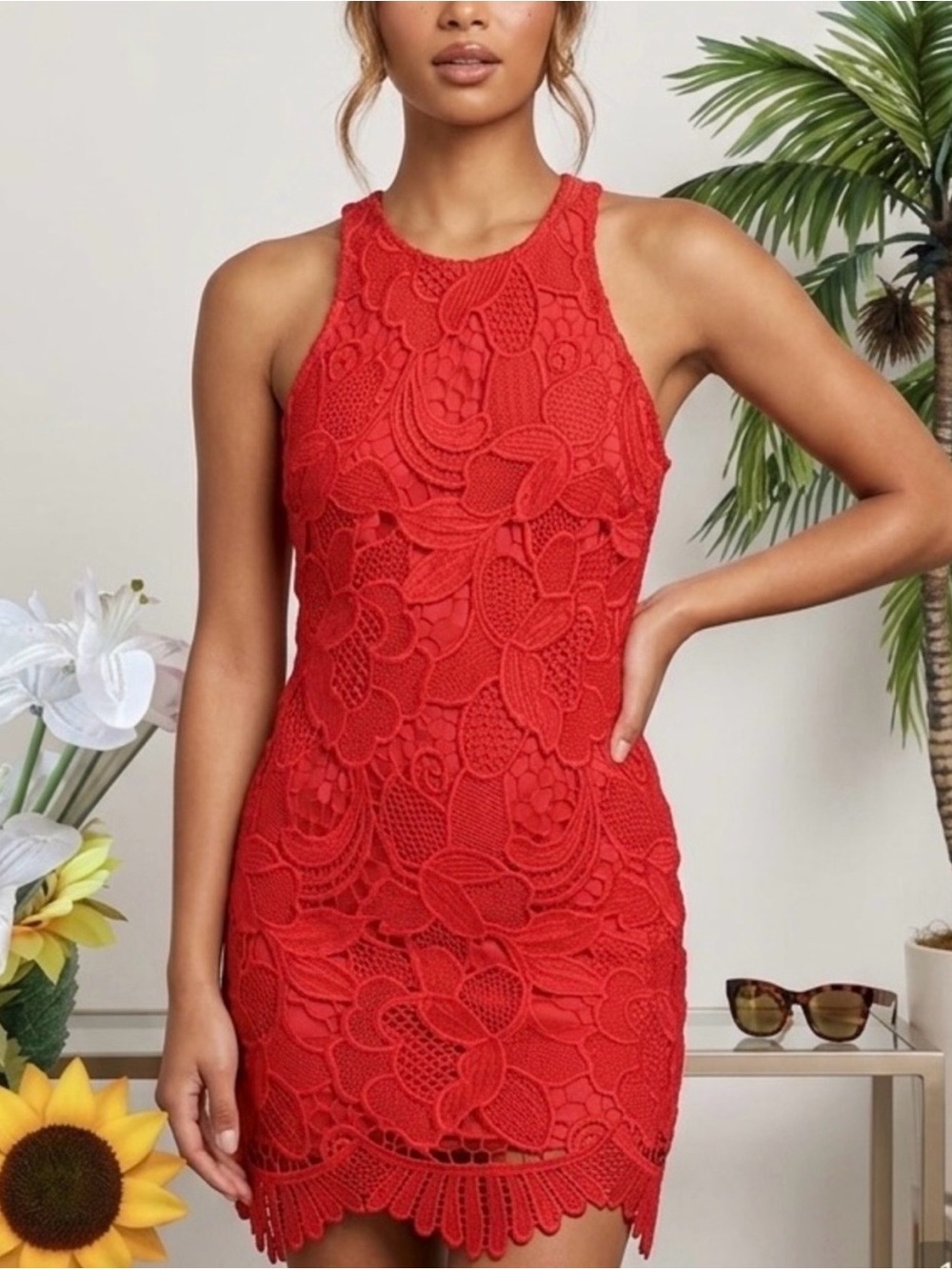 LOVERS AND FRIENDS Romantic Red Lace Sleeveless dress